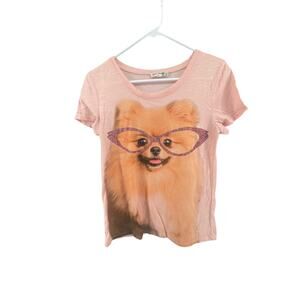 Bear Dance Girls Pink Dog Glasses Graphic Short Sleeve Top Youth Size Small